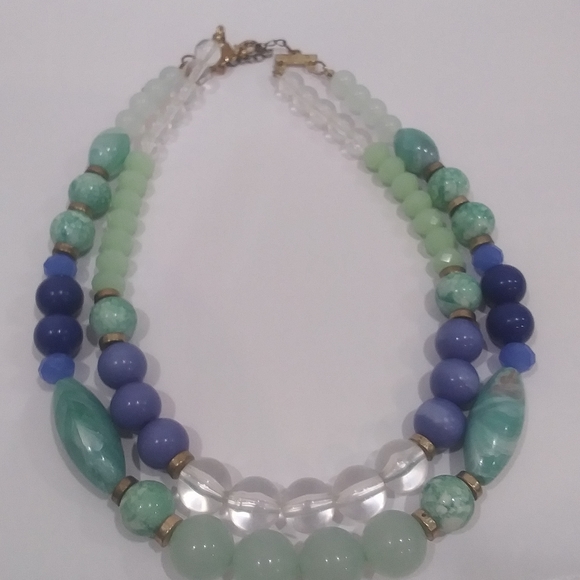 Mint Green and Blue Beaded Two-Strand Chunky Beaded Necklace - Picture 2 of 9
